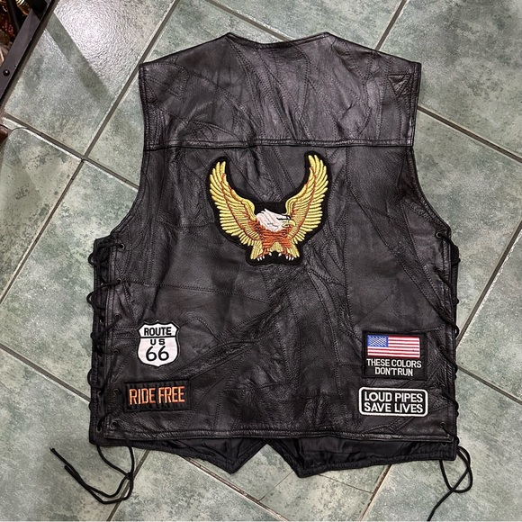 VTG 90s Leather Patchwork Lace Up Sides Motorcycle Biker Vest - Picture 6 of 13